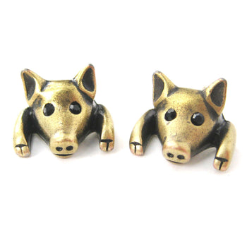 Piglet Pig Realistic Animal Stud Earrings in Brass | Animal Jewelry | DOTOLY