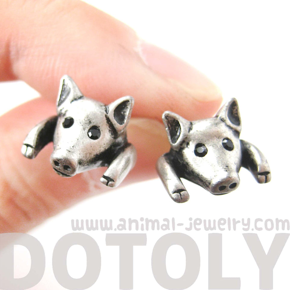 Piglet Pig Realistic Animal Stud Earrings in Silver | Animal Jewelry | DOTOLY