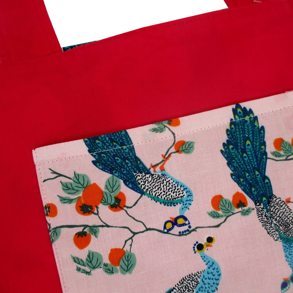 Pretty Pink Peacock All Over Print Cotton Reversible Tote Bags for Women