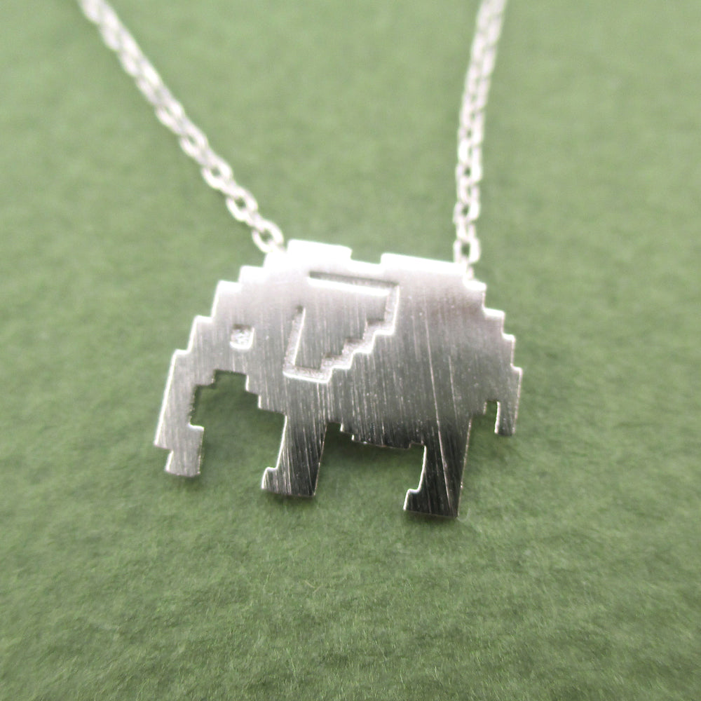 Pixel Elephant Silhouette Shaped Pendant Necklace in Silver