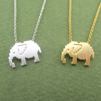 Pixel Elephant Silhouette Shaped Pendant Necklace in Silver or Gold
