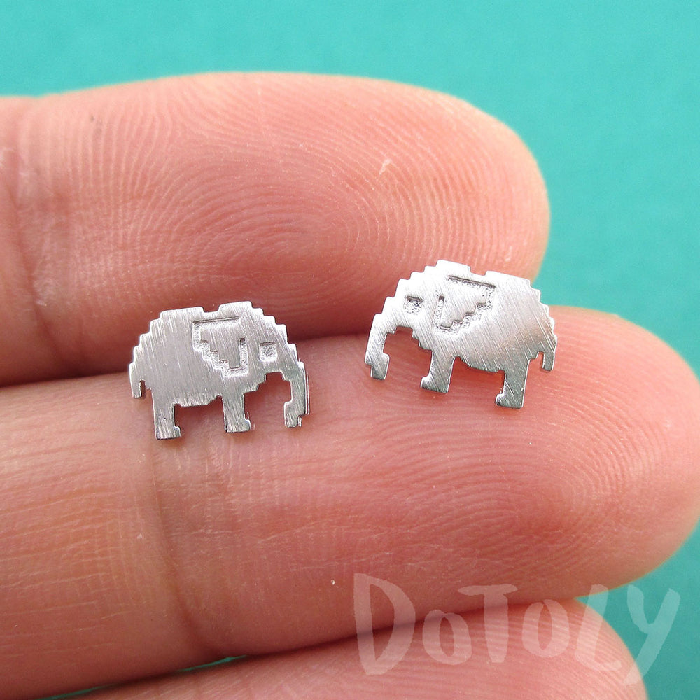 Pixel Elephants Shaped Allergy Free Stud Earrings in Silver | DOTOLY
