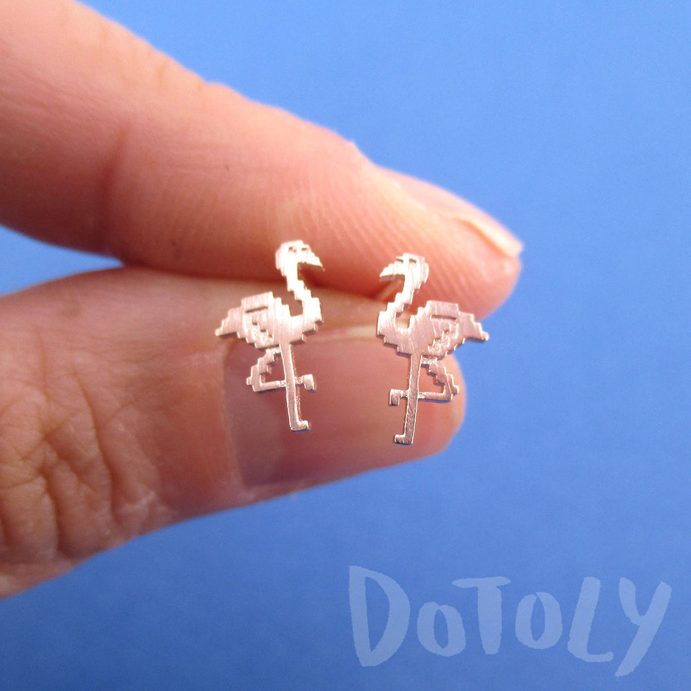 Pixel Flamingo Bird Shaped Allergy Free Stud Earrings in Rose Gold