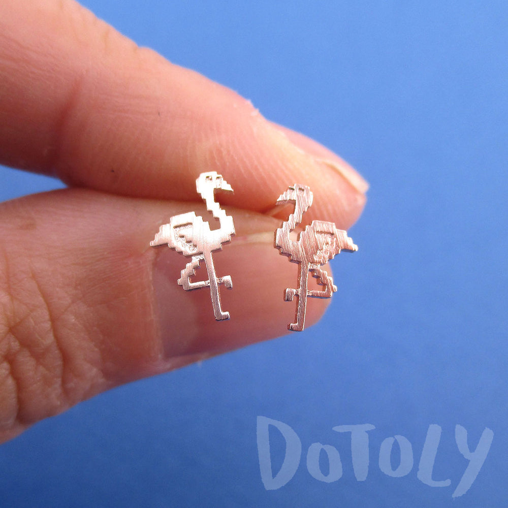 Pixel Flamingo Bird Shaped Allergy Free Stud Earrings in Rose Gold