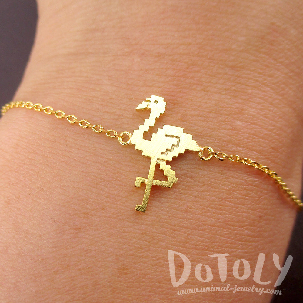 Pixel Flamingo Bird Shaped Charm Bracelet for Animal Lovers in Gold | DOTOLY