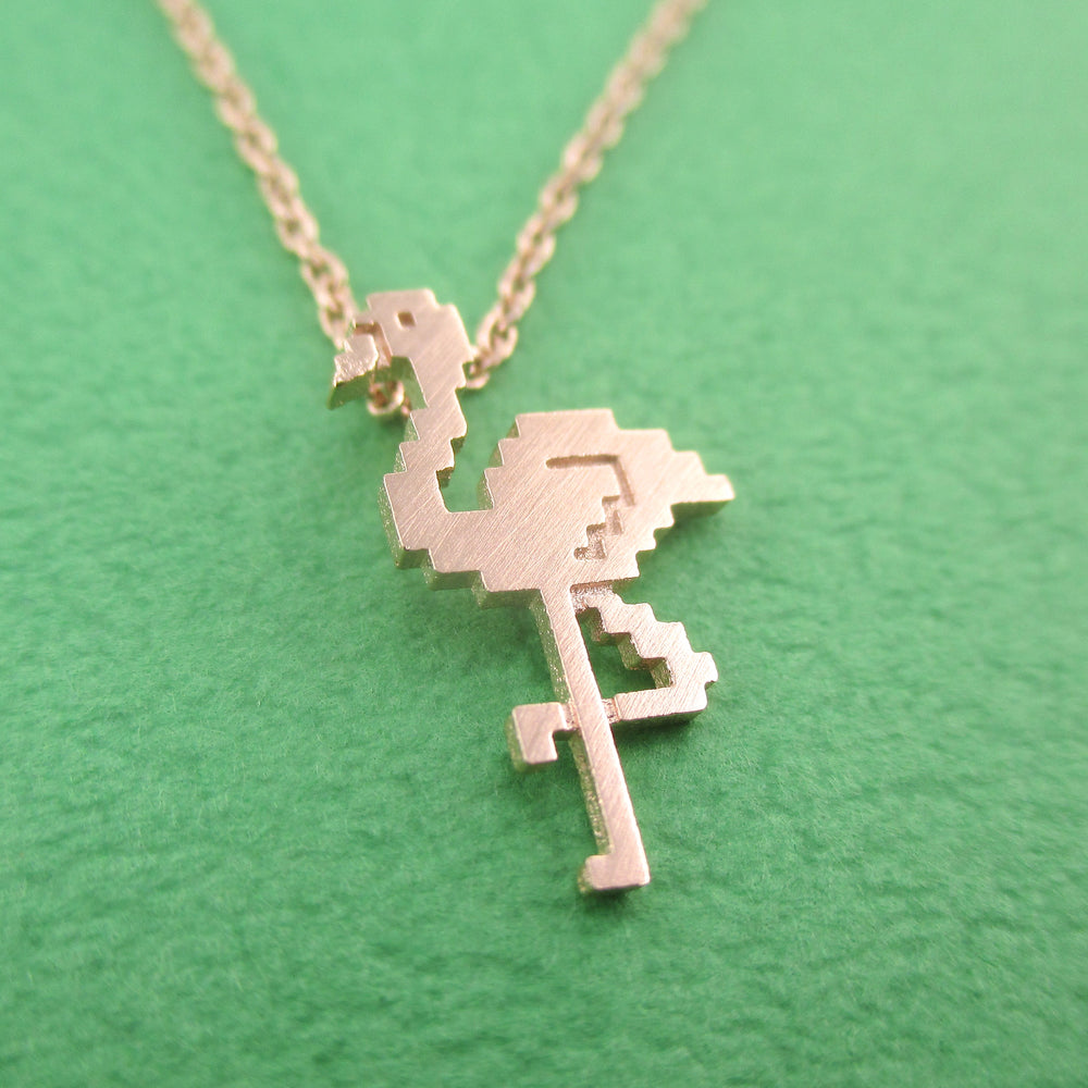 Pixel Flamingo Bird Shaped Animal Lover Pendant Necklace in Rose Gold