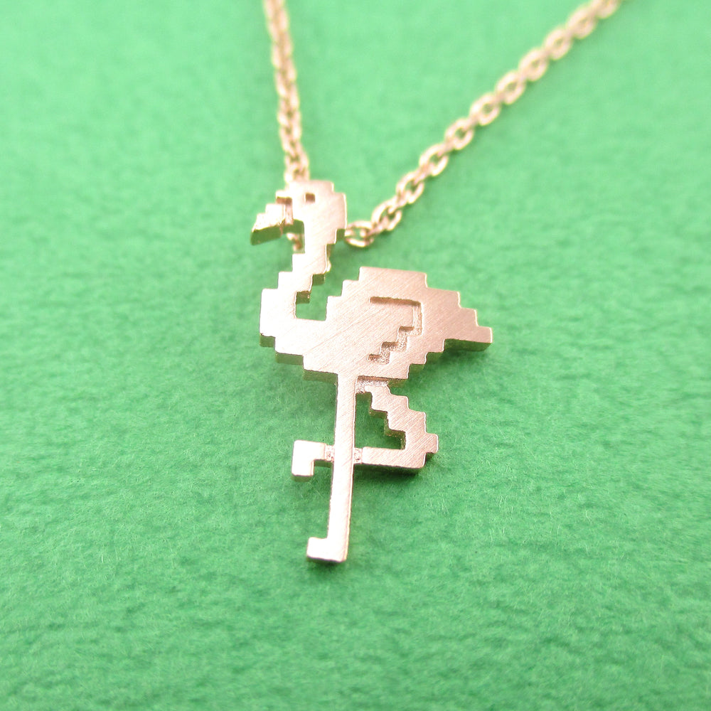 Pixel Flamingo Bird Shaped Animal Lover Pendant Necklace in Rose Gold