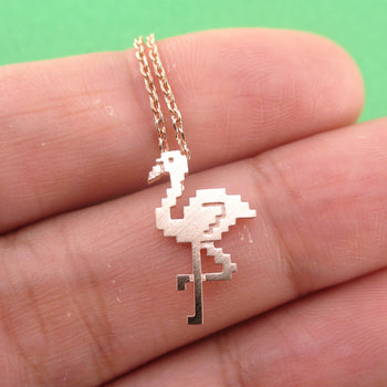 Pixel Flamingo Bird Shaped Animal Lover Pendant Necklace in Rose Gold