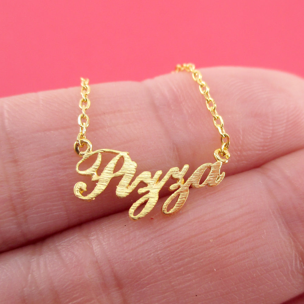 Pizza Calligraphy Shaped Food Themed Pendant Necklace for Foodies in Gold