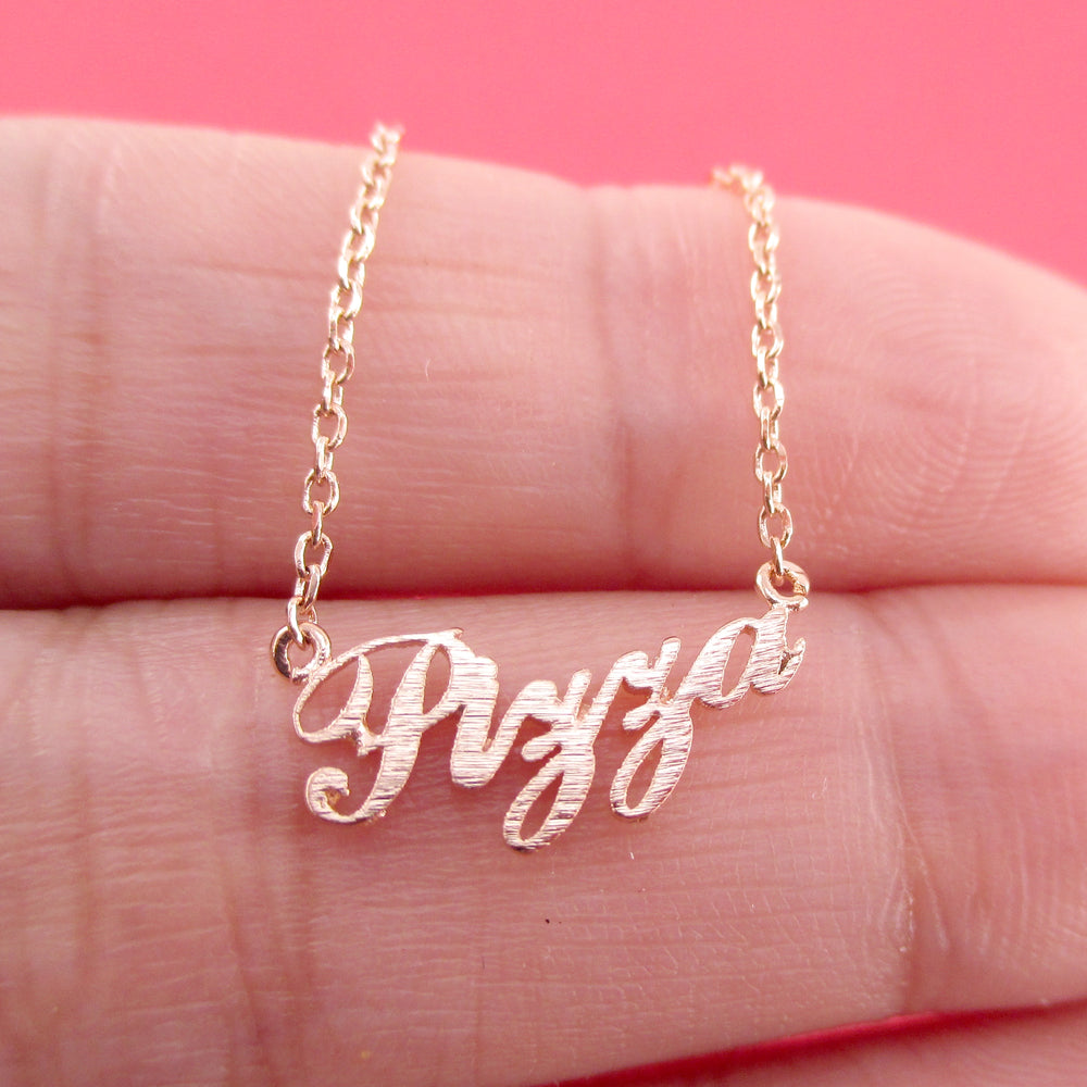 Pizza Calligraphy Shaped Food Themed Pendant Necklace for Foodies in Rose Gold