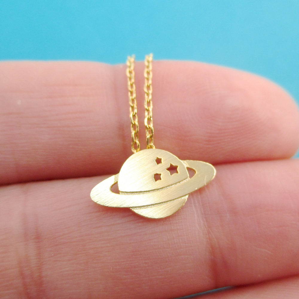 Planet Saturn Shaped NASA Cosmos Space Galaxy Themed Pendant Necklace in Gold