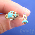 Planet Saturn Spaceship Rocket Shaped Space Themed Stud Earrings