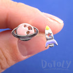 Planet Saturn Spaceship Rocket Shaped Space Themed Stud Earrings