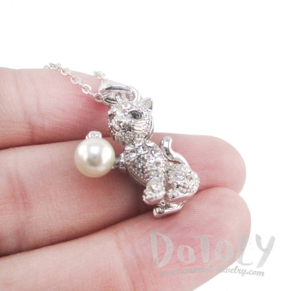 Playful Kitty Cat Shaped Pendant Necklace in Silver with Rhinestones