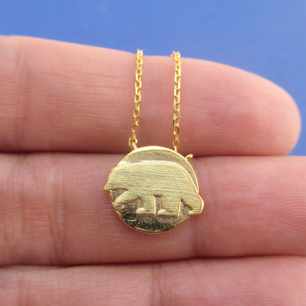Polar Bear Silhouette Shaped Arctic Round Coin Pendant Necklace