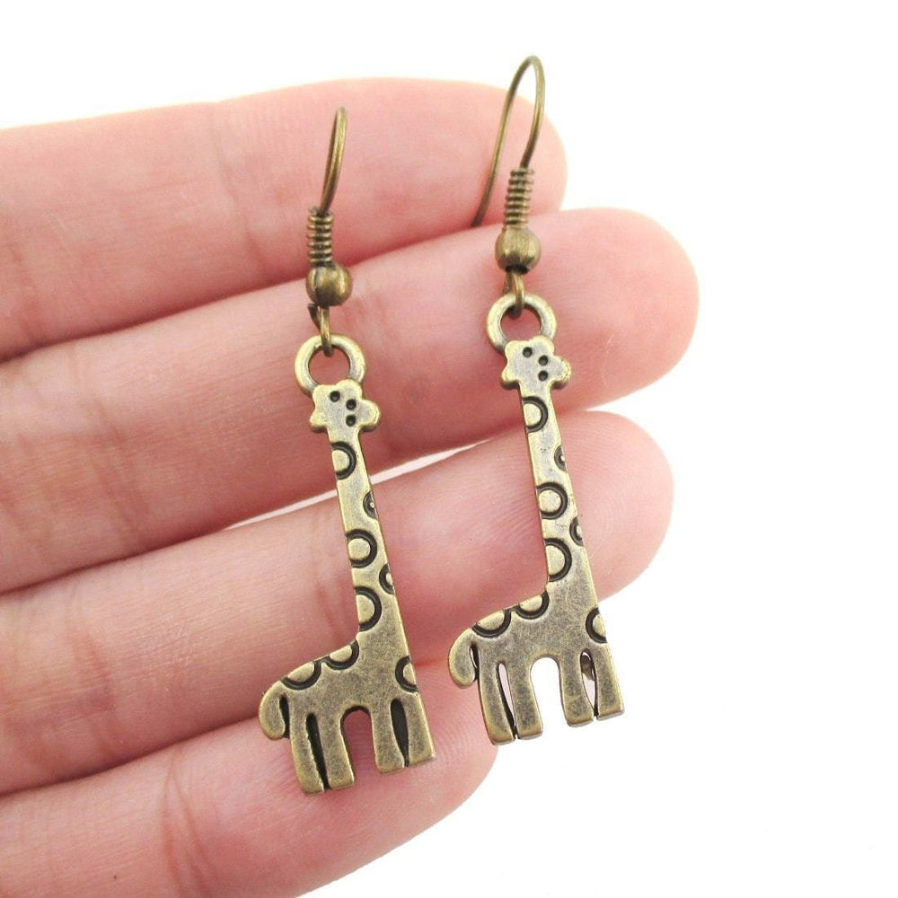 Polka Dotted Giraffe Shaped Dangle Charm Earrings in Brass | DOTOLY