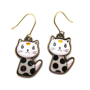 Polka Dotted Kitty Cat Cartoon Shaped Dangle Earrings | DOTOLY