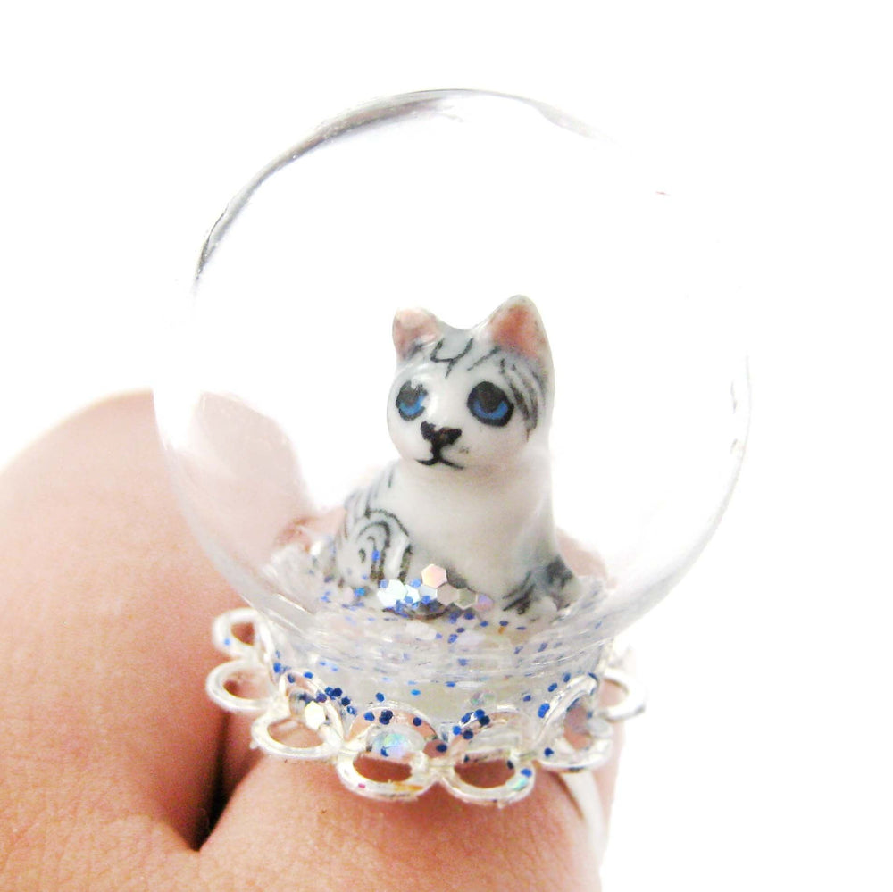 Porcelain Baby Kitty Cat Glass Snow Globe Bubble Adjustable Ring