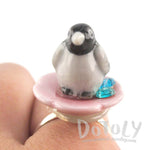 Porcelain Baby Penguin on a Flower Petal Shaped Adjustable Animal Ring