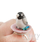 Porcelain Baby Penguin on a Flower Petal Shaped Adjustable Animal Ring