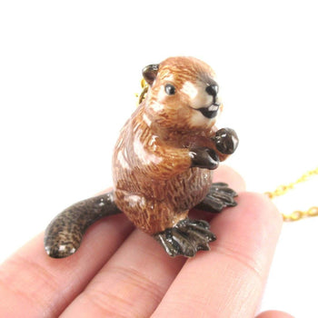 Porcelain Beaver Shaped Hand Painted Ceramic Animal Pendant Necklace