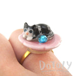 Porcelain Black Baby Kitty Cat Shaped Adjustable Animal Ring | DOTOLY