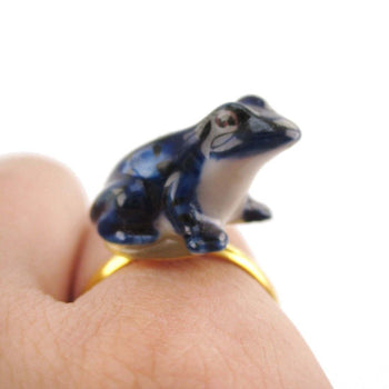 Porcelain Blue Poison Dart Frog Shaped Ceramic Adjustable Animal Ring