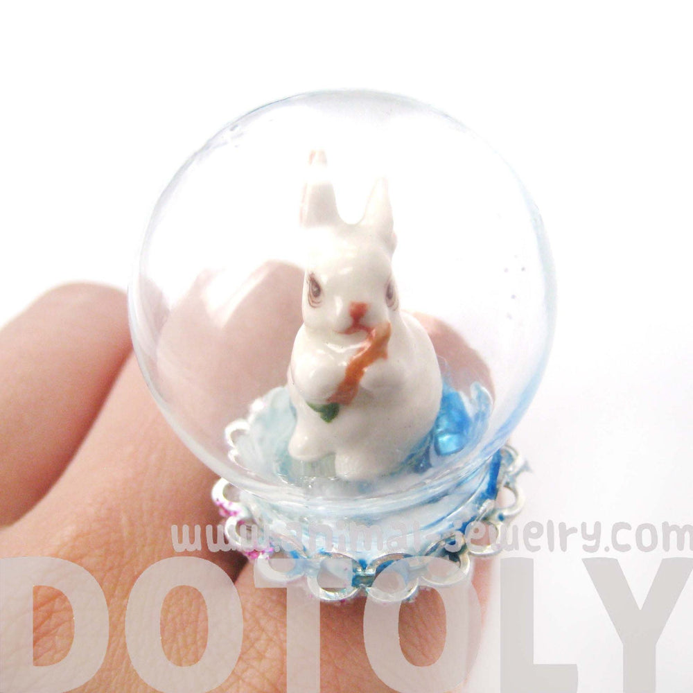 Porcelain Bunny Rabbit Glass Snow Globe Bubble Ball Adjustable Ring