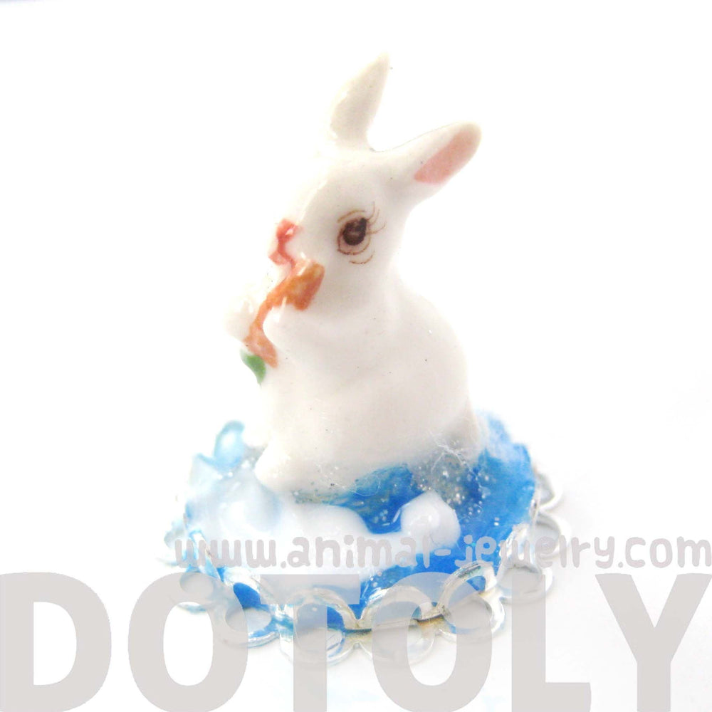 Porcelain Bunny Rabbit Glass Snow Globe Bubble Ball Adjustable Ring