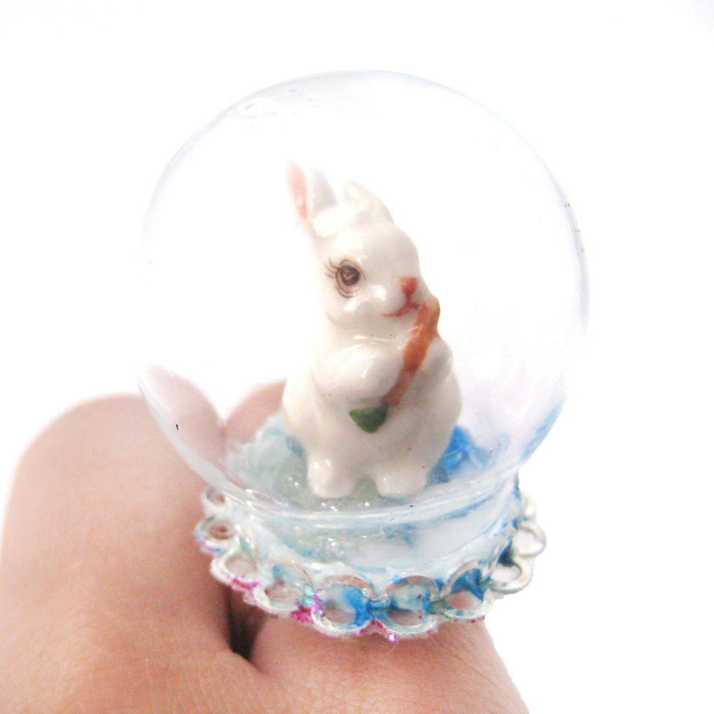 Porcelain Bunny Rabbit Glass Snow Globe Bubble Ball Adjustable Ring