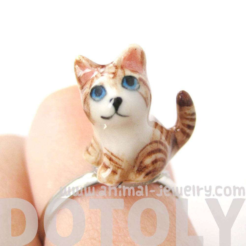porcelain-ceramic-brown-and-white-kitty-cat-animal-adjustable-ring-handmade