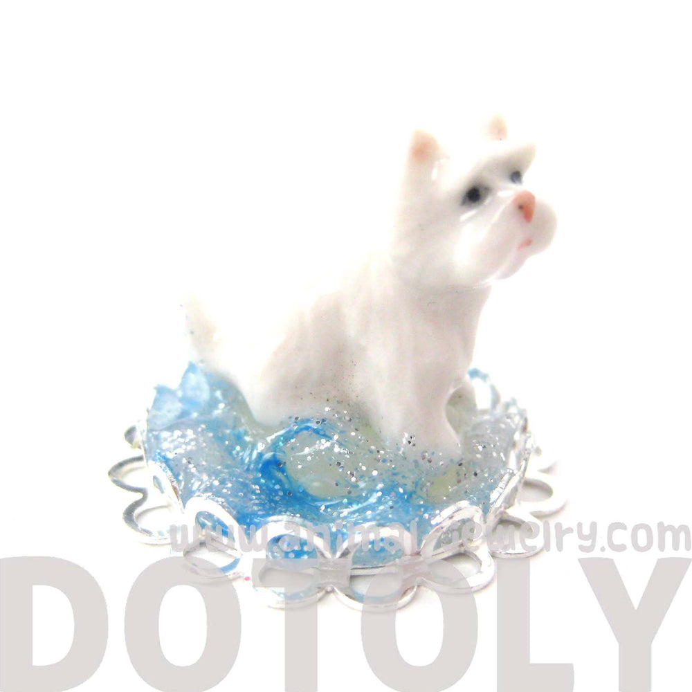 Porcelain Ceramic White Terrier Puppy Dog Snow Globe Adjustable Ring