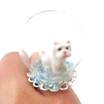 Porcelain Ceramic White Terrier Puppy Dog Snow Globe Adjustable Ring