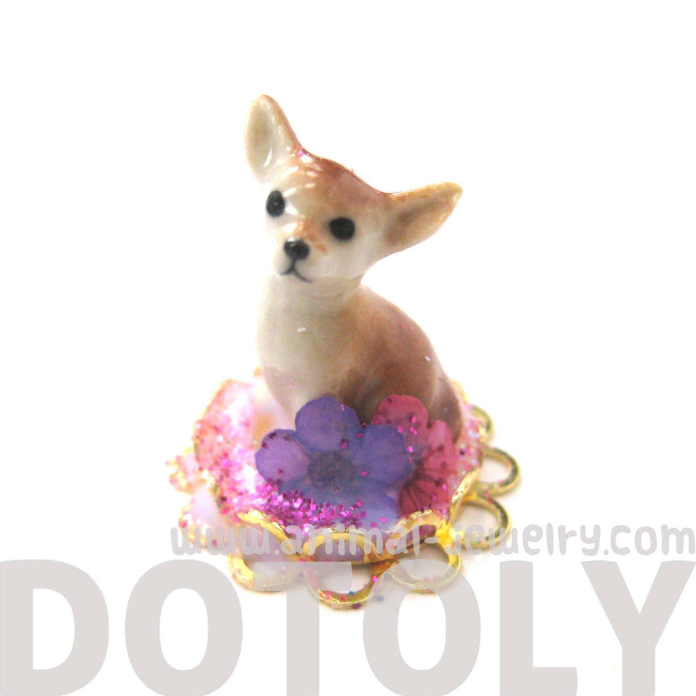 Porcelain Chihuahua Puppy Dog Glass Snow Globe Bubble Adjustable Ring