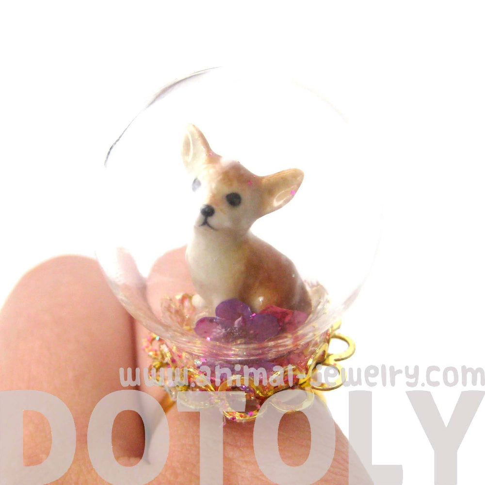 Porcelain Chihuahua Puppy Dog Glass Snow Globe Bubble Adjustable Ring