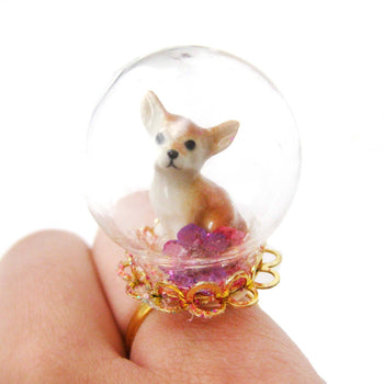 Porcelain Chihuahua Puppy Dog Glass Snow Globe Bubble Adjustable Ring