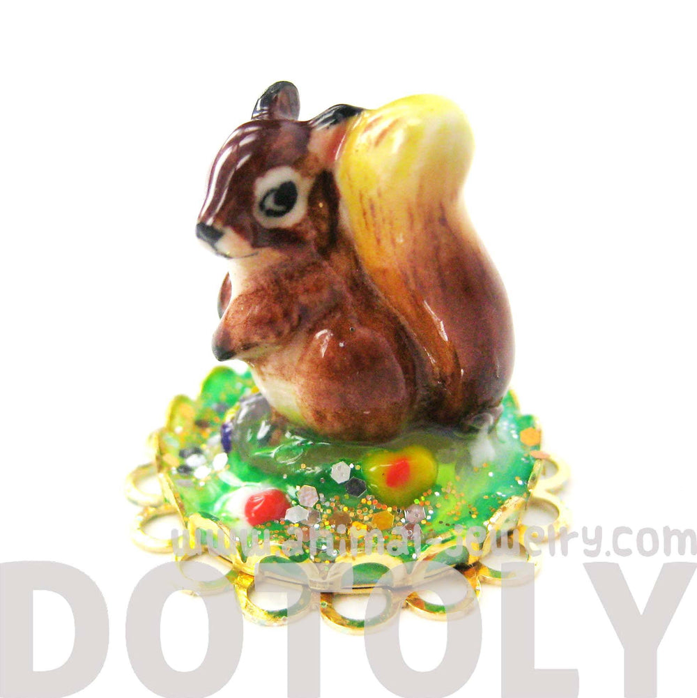 Porcelain Chipmunk Squirrel Glass Snow Globe Bubble Adjustable Ring