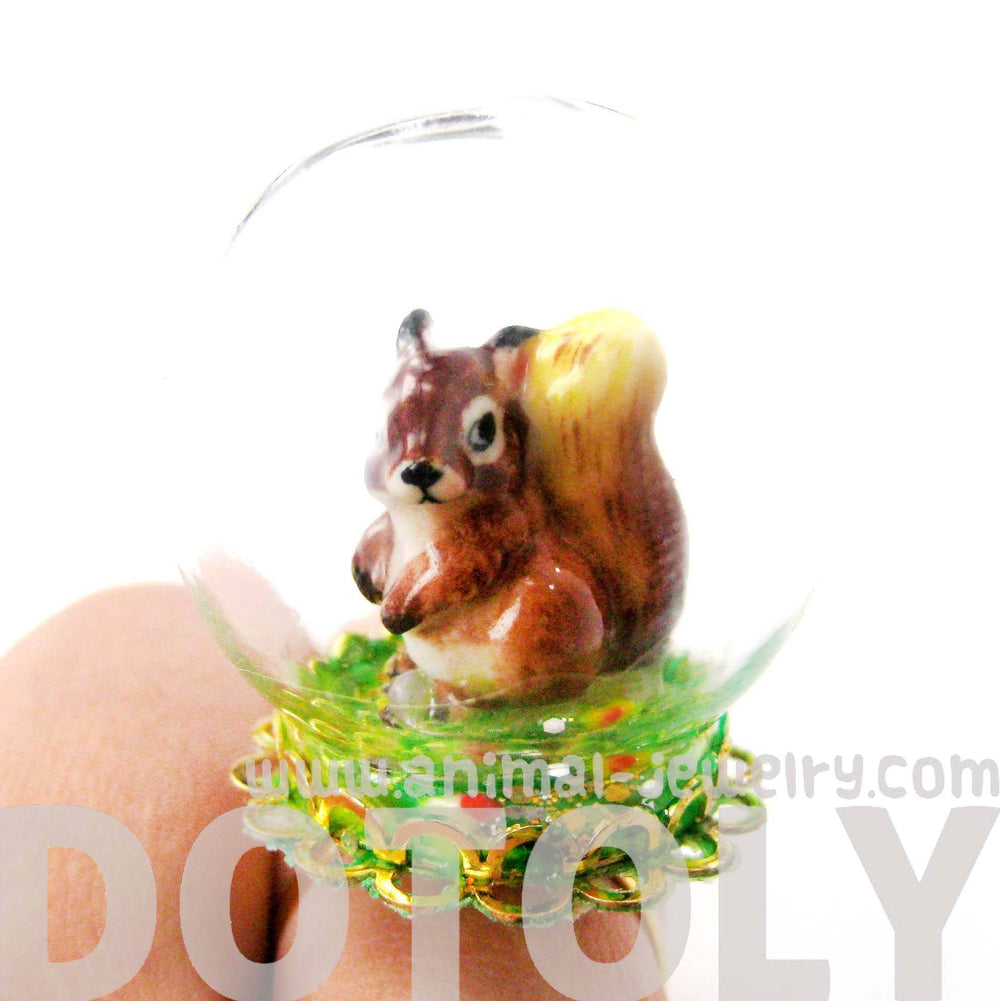 Porcelain Chipmunk Squirrel Glass Snow Globe Bubble Adjustable Ring