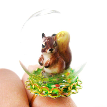 Porcelain Chipmunk Squirrel Glass Snow Globe Bubble Adjustable Ring