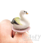 Porcelain White Swan on a Flower Petal Shaped Adjustable Animal Ring