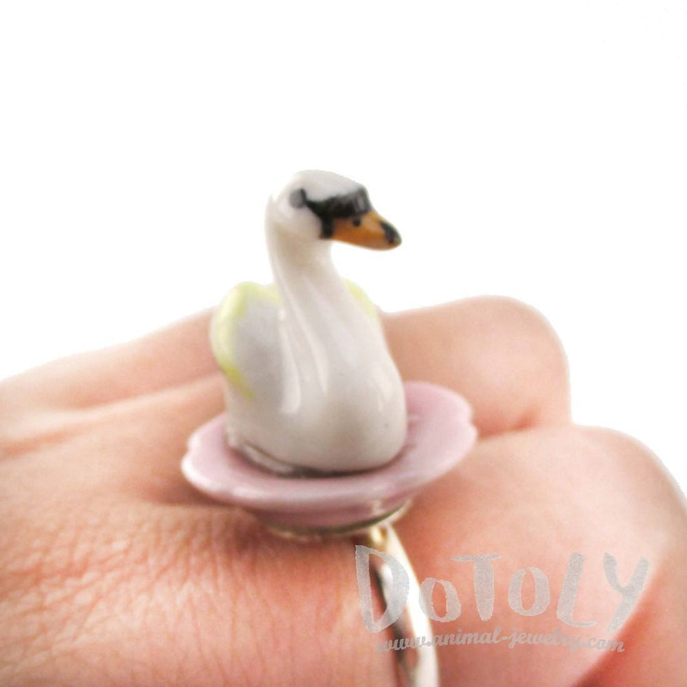 Porcelain White Swan on a Flower Petal Shaped Adjustable Animal Ring