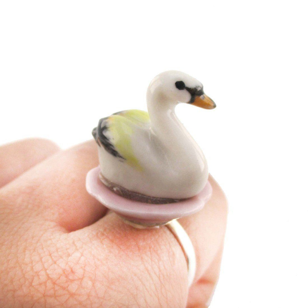 Porcelain White Swan on a Flower Petal Shaped Adjustable Animal Ring