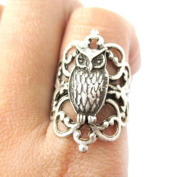 Pretty and Elegant Antique Silver Floral Filigree And Owl Shaped Ring