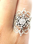 Elegant Antique Silver Floral Filigree And Snowflake Shaped Ring 