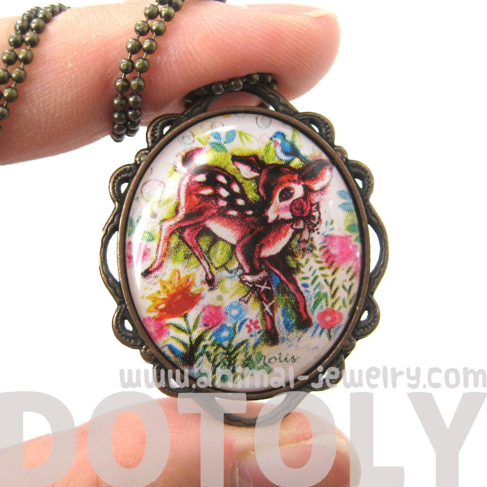 Pretty Bambi Deer In a Field of Flowers Illustrated Pendant Necklace