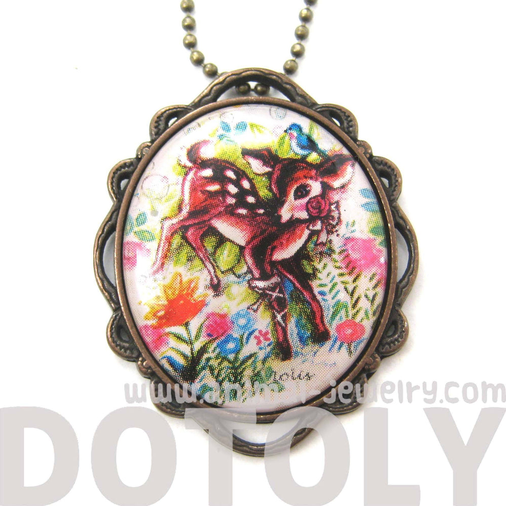 Pretty Bambi Deer In a Field of Flowers Illustrated Pendant Necklace