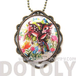 Pretty Bambi Deer In a Field of Flowers Illustrated Pendant Necklace