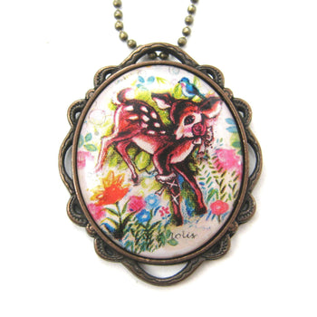 Pretty Bambi Deer In a Field of Flowers Illustrated Pendant Necklace