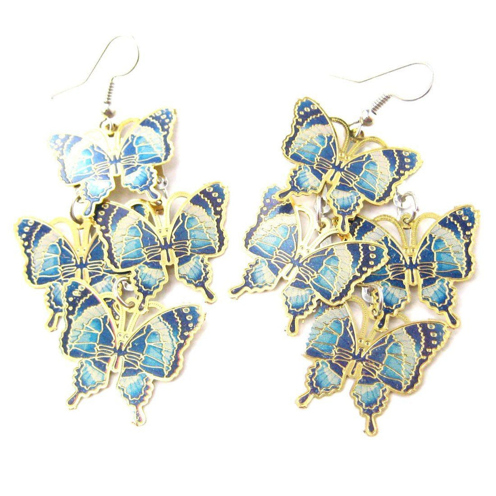 Pretty Butterfly Shaped Layered Dangle Drop Earrings in Blue on Gold