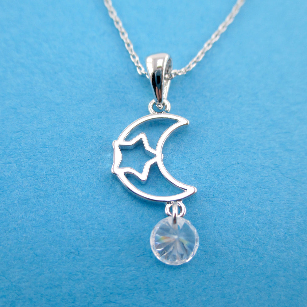 Pretty Crescent Moon & Star Outline Shaped Celestial Pendant Necklace